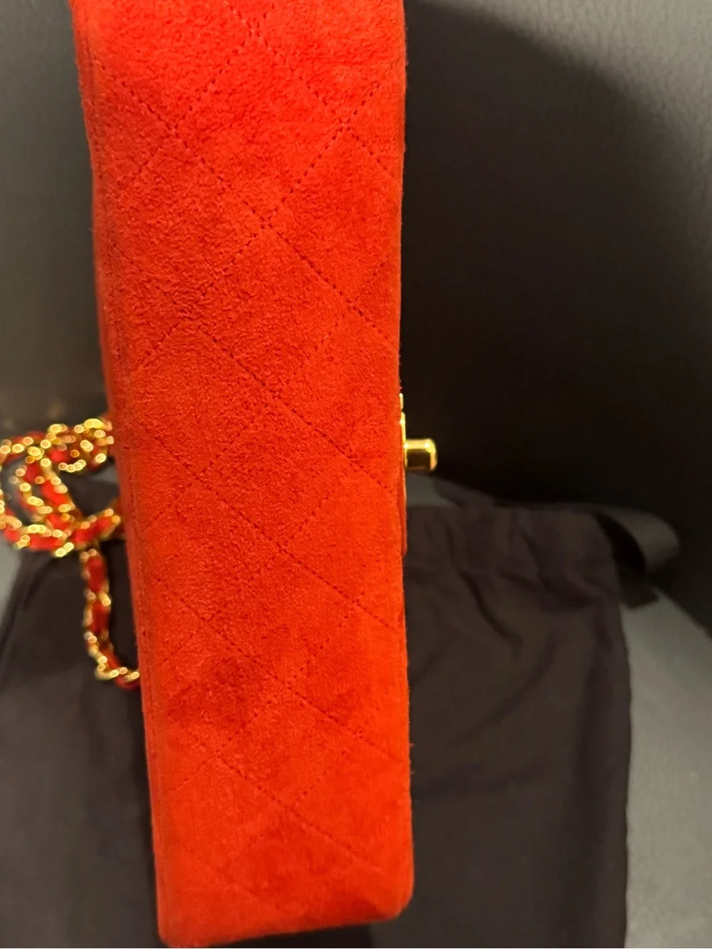 CHANEL Red Quilted Suede Shoulder Bag with Gold Chain
